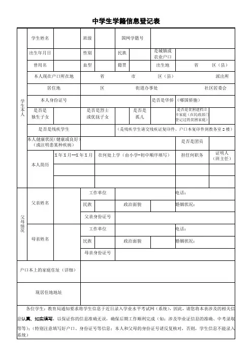 昆明市中学生学籍信息登记表