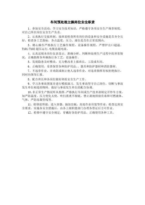 车间预处理主操岗位安全职责