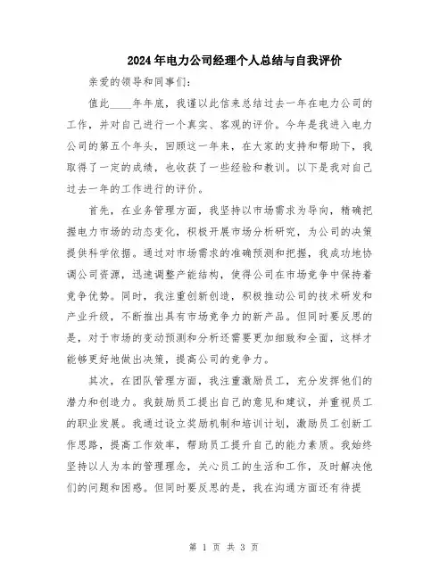 2024年电力公司经理个人总结与自我评价