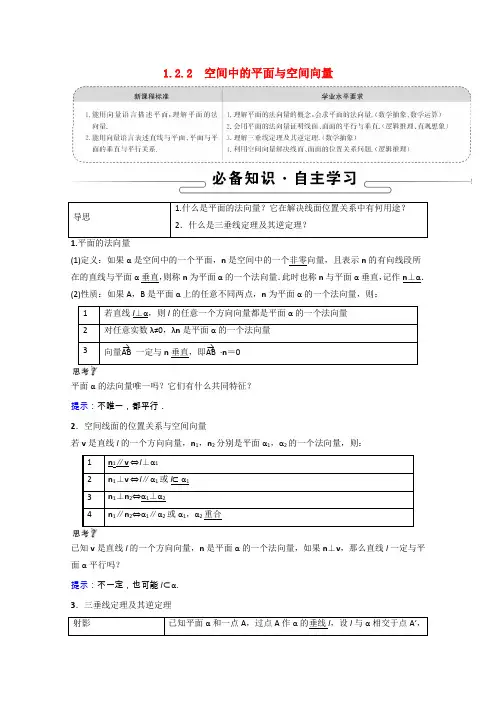高中数学空间向量与立体几何1.2空间向量在立体几何中的应用1.2.2空间中的平面与空间向量学案含解析