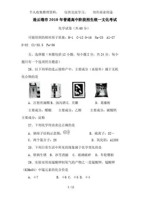 中考化学试题及答案江苏连云港市