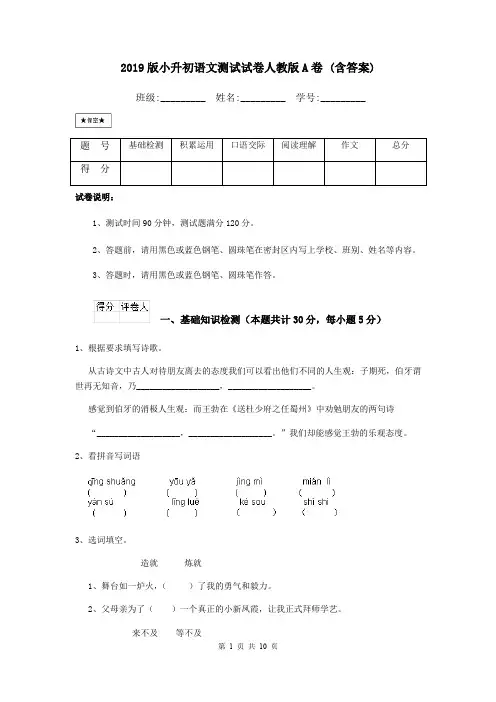 2019版小升初语文测试试卷人教版A卷 (含答案)