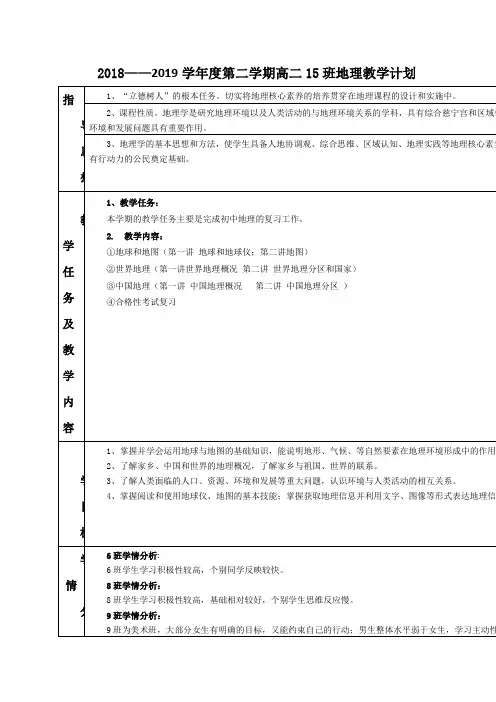 2018——2019学年度第二学期高二15班地理教学计划