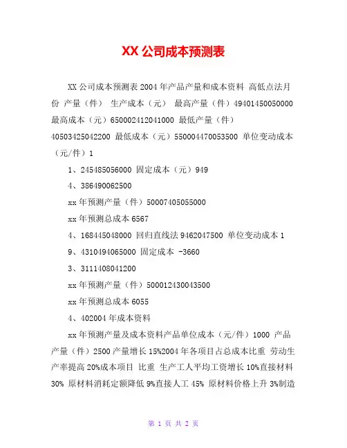 XX公司成本预测表