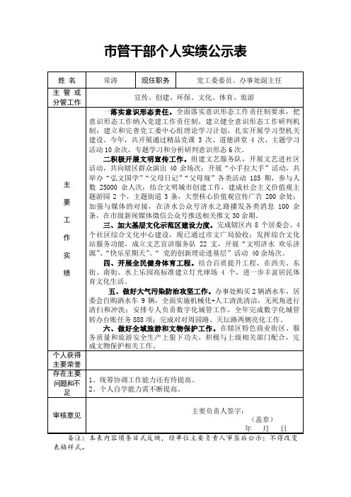 管干部个人实绩公示表