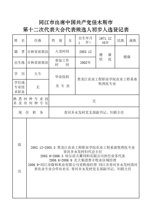 出席市第十二次党代会代表候选人初步人选登记表