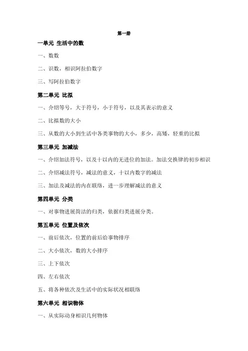 北师大小学数学每册各章节对应知识点梳理