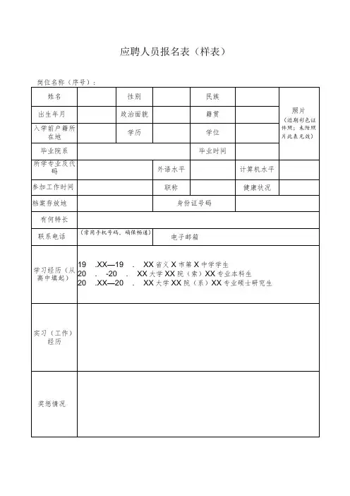 应聘人员报名表(样表)
