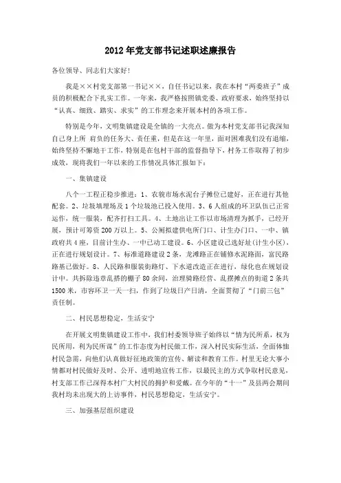 2012年党支部书记述职述廉报告