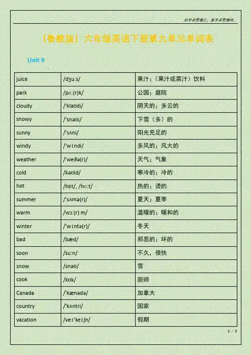 (鲁教版)六年级英语下册第九单元单词表