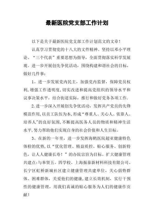 最新医院党支部工作计划【范本模板】