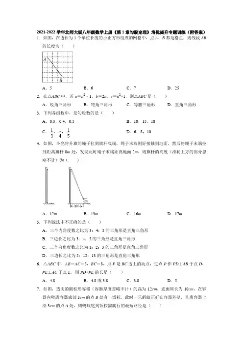 2021-2022学年北师大版八年级数学上册第1章《勾股定理》培优提升专题训练(附答案)