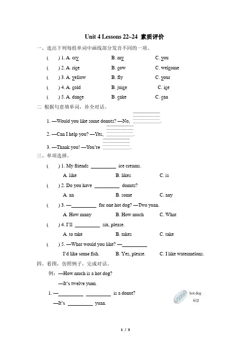冀教版英语三年级下册Unit 4 Lessons 22~24 素质评价+答案