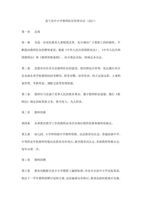 教育系统中小学教师队伍管理办法