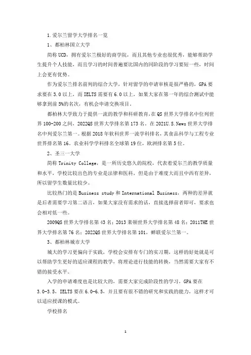 爱尔兰留学大学排名一览(最新)
