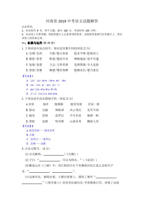 河南省2019中考语文试题解答