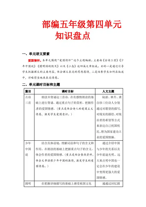 第四单元知识盘点(含字词、佳句、感知、考点)五年级语文上册(部编版,有答案)