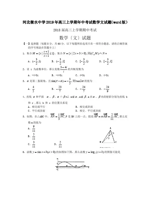 河北衡水中学2019年高三上学期年中考试数学文试题(word版)