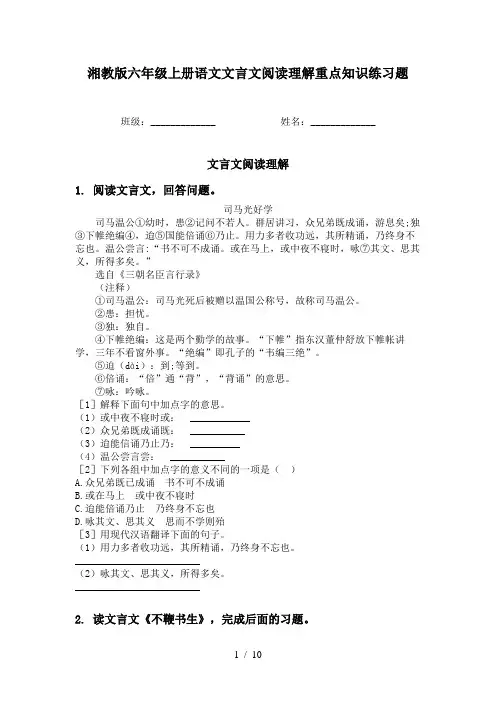 湘教版六年级上册语文文言文阅读理解重点知识练习题