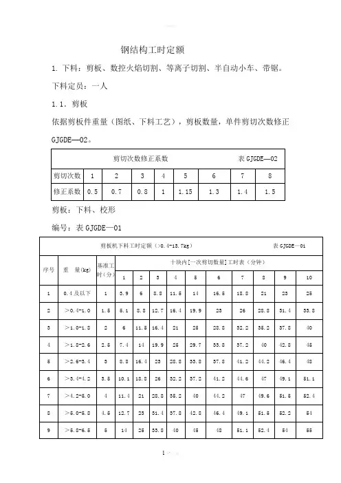 钢结构工时定额