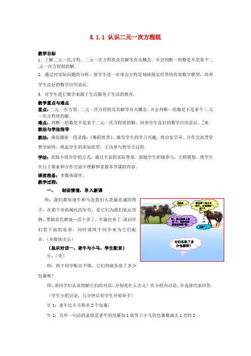 2017年秋季新版北师大版八年级数学上学期5.1、认识二元一次方程组教案13