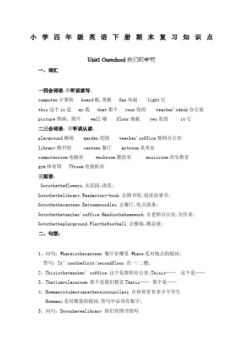 小学四年级英语下册期末复习知识点新