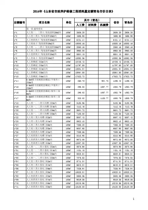 2014年《山东省市政养护维修工程消耗量定额青岛市价目表》