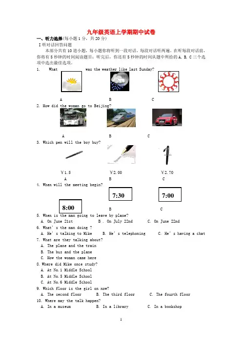 江苏省2020学年九年级英语上学期期中试卷