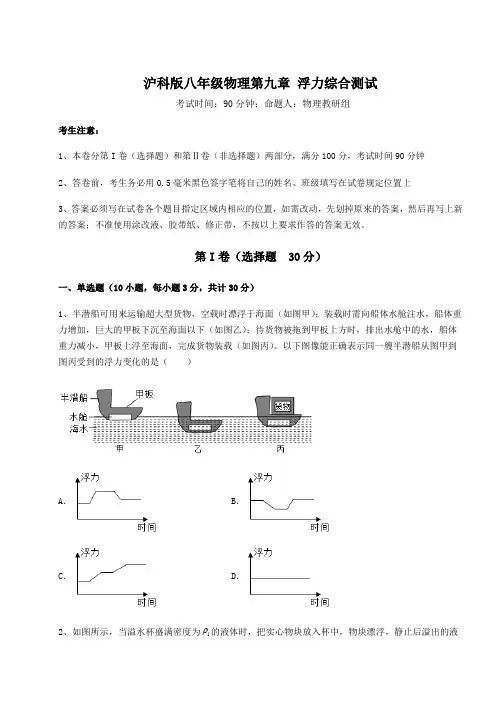 2021-2022学年度沪科版八年级物理第九章 浮力综合测试试题(含答案及详细解析)