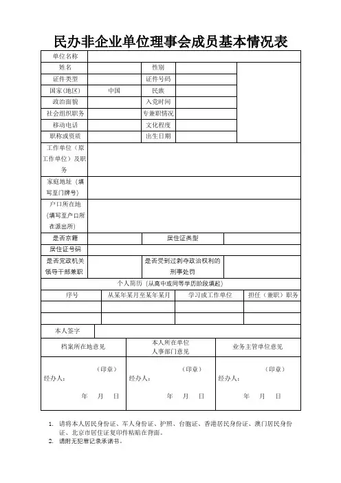 民办非企业单位理事会成员备案表(有几人填几张)