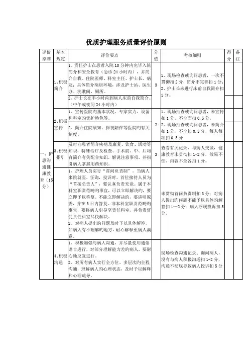 优质护理服务质量评价重点标准
