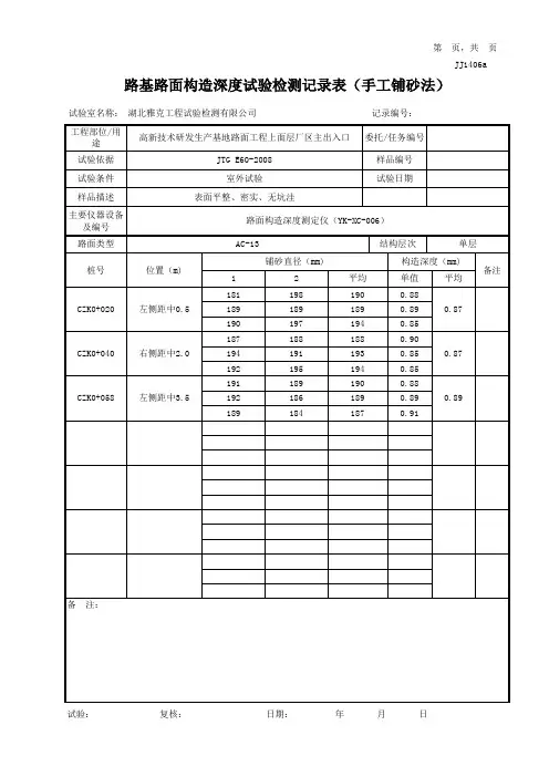 路基路面构造深度试验检测记录表(手工铺砂法)(自动计算程序)