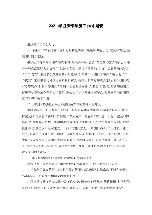 2021年组织部年度工作计划表