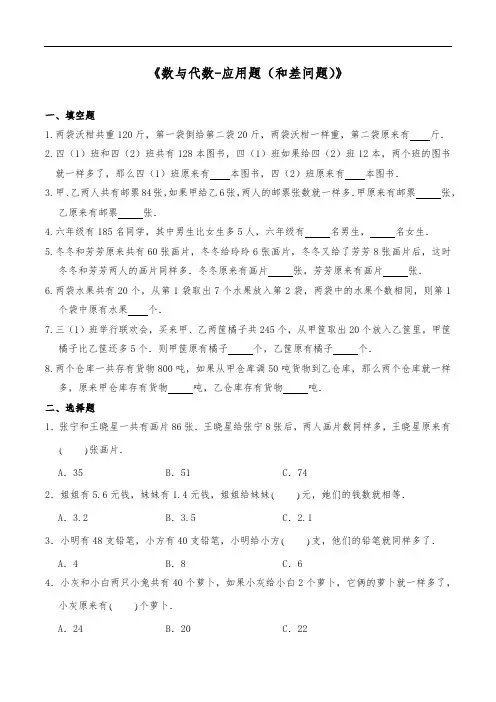 六年级数学下册试题 一课一练《数与代数-应用题(和差问题)》-人教版(含答案)