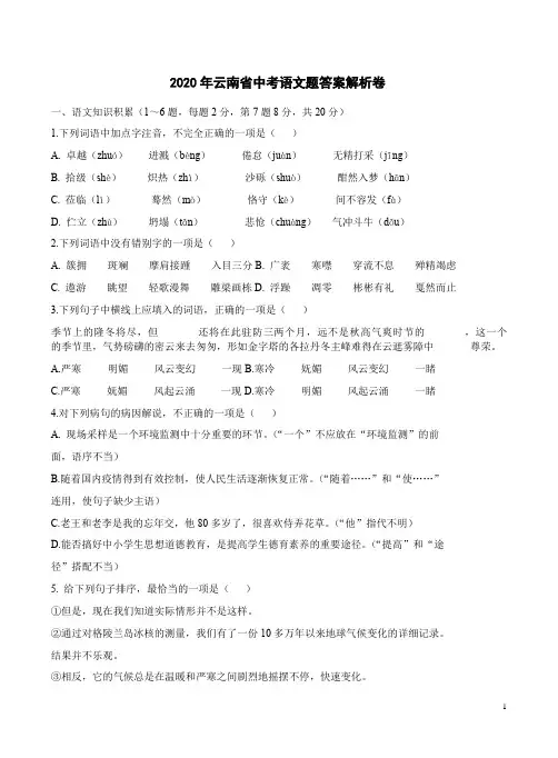 2020年云南省中考语文题答案解析卷