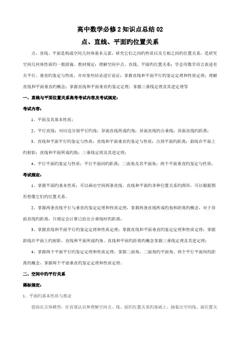 2023年高中数学必修知识点总结点直线与平面的位置关系