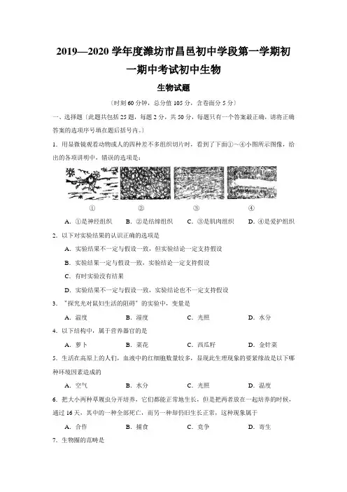 2019—2020学年度潍坊市昌邑初中学段第一学期初一期中考试初中生物