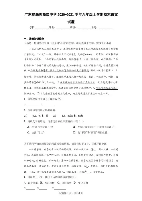 广东省深圳高级中学2020-2021学年九年级上学期期末语文试题