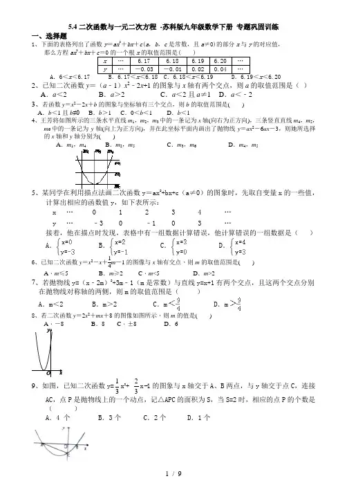 5.4二次函数与一元二次方程复习-苏科版九年级数学下册巩固训练