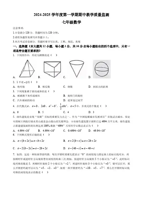 河北省保定2024-2025学年上学期期中教学质量检测七年级数学试题(含答案)