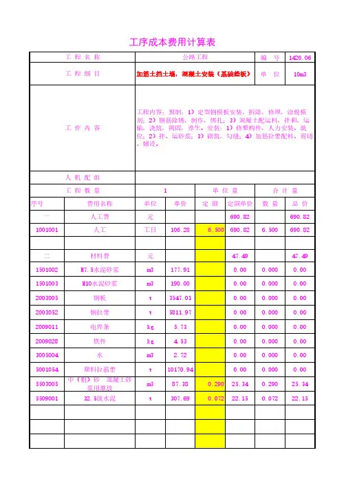 加筋土挡土墙,混凝土安装(基础垫板)工序成本单价20年3月