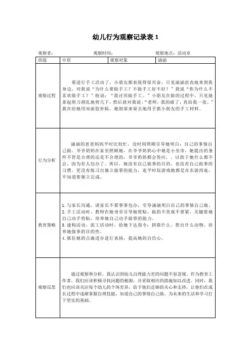 幼儿园幼儿行为观察记录表3篇可打印