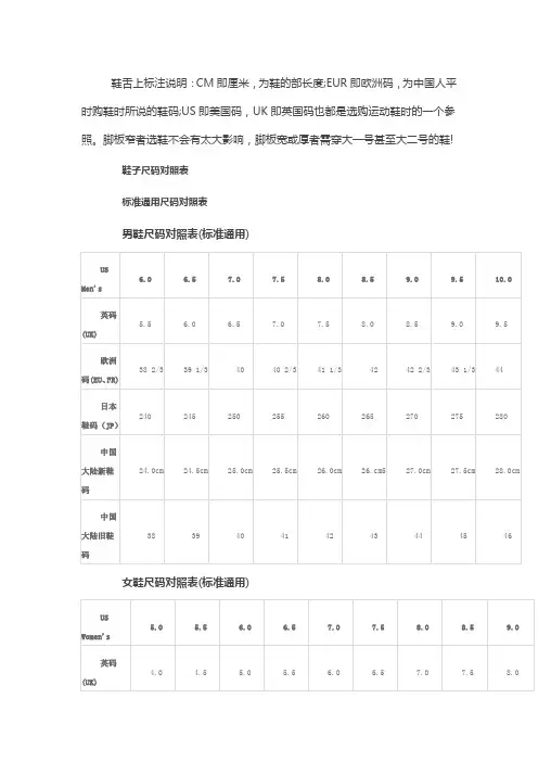 国际鞋尺码对照表