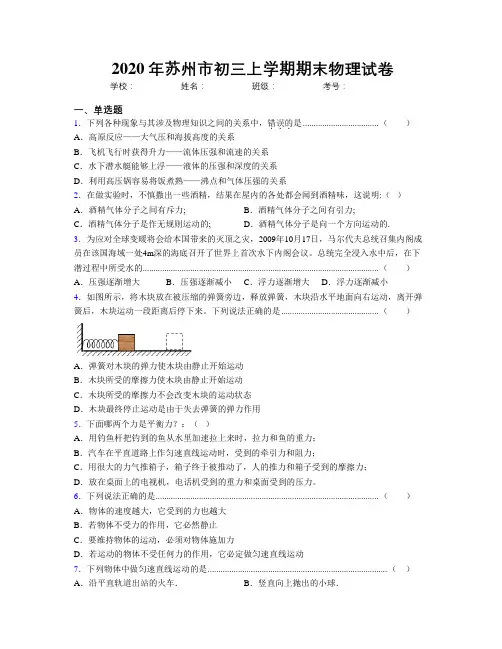 2020年苏州市初三上学期期末物理试卷