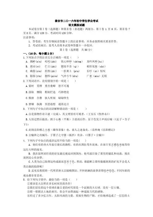 山东省泰安市2016年中考语文模拟试题