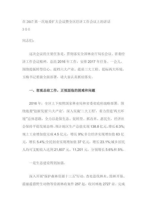 在2017第一次地委扩大会议暨全区经济工作会议上的讲话