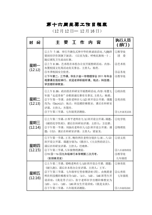 第十六周主要工作日程表