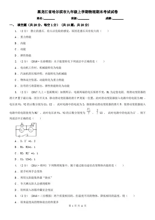 黑龙江省哈尔滨市九年级上学期物理期末考试试卷