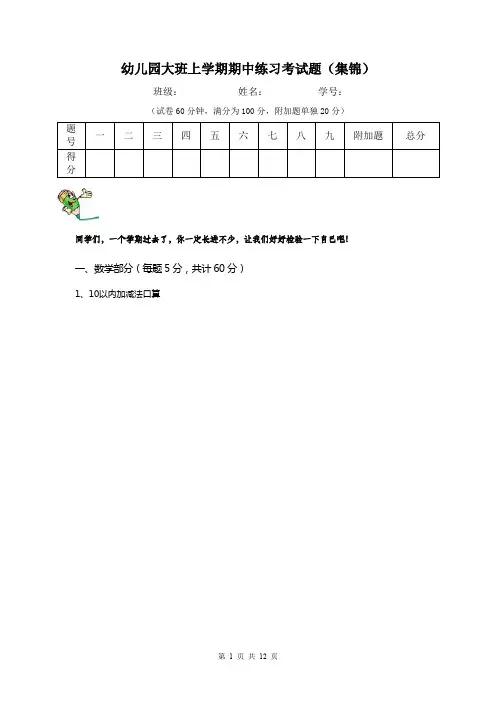 幼儿园大班上学期期中练习考试题(集锦)