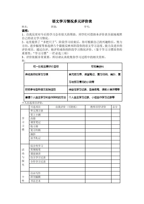 语文学习情况多元评价表